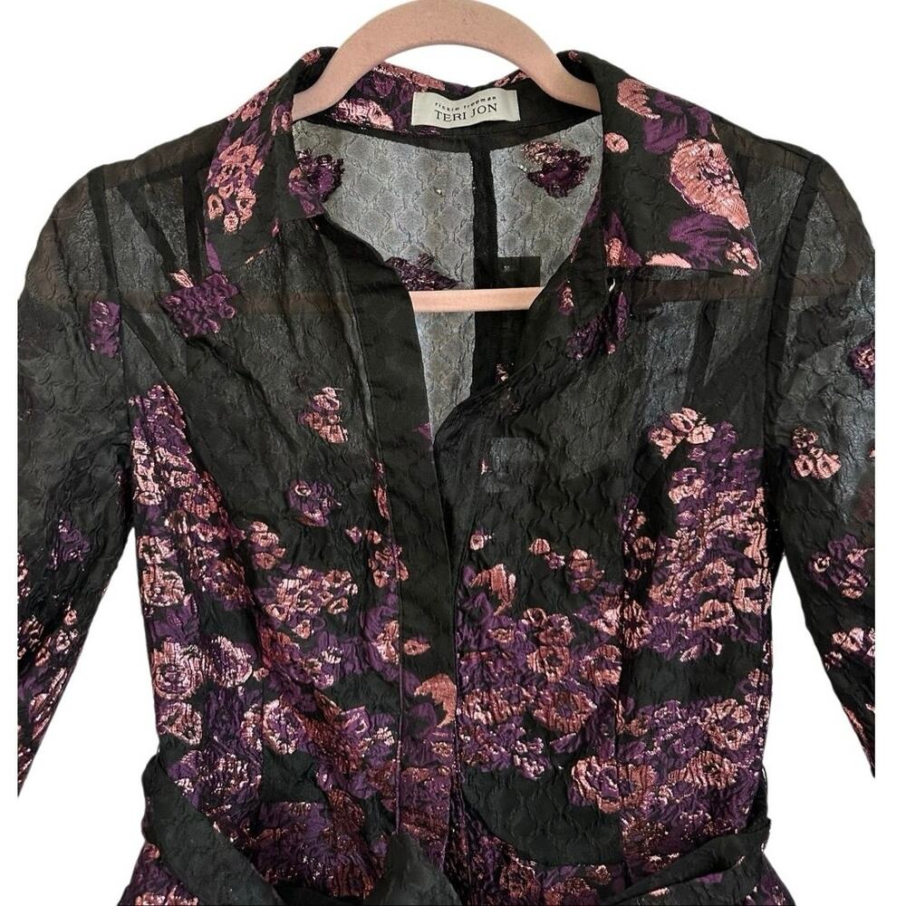 Rickie Freeman Teri Jon Metallic Jacquard Shirt Dress Floral‎ Print Size S 4/6 - Picture 13 of 16
